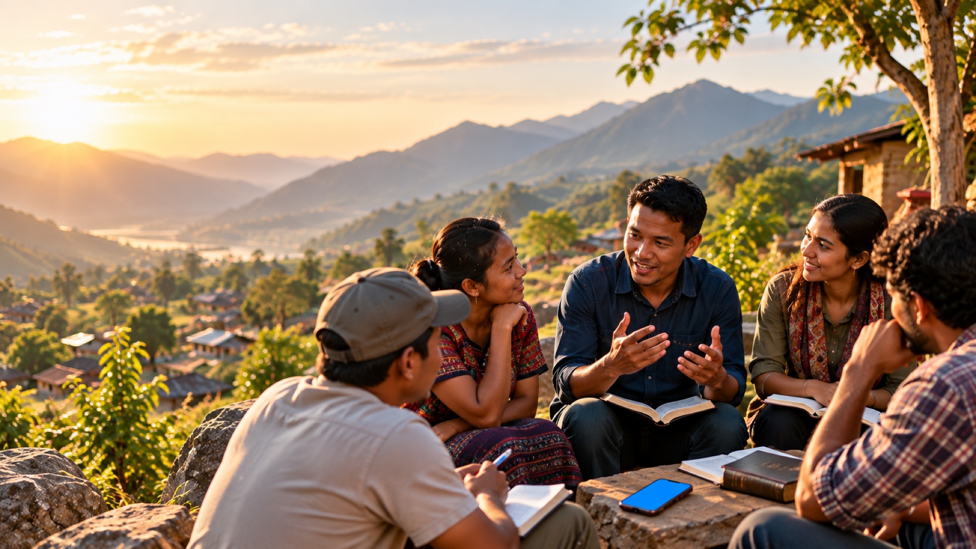 Un grupo pequeño estudia la Biblia en una ladera sobre un valle.